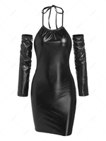 ZAFUL Halter PU Leather Dress with Detachable Sleeves S Black