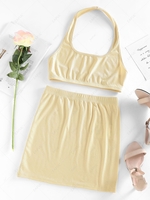 ZAFUL Halter Ribbed Backless Crop Top and Mini Skirt Set L Light yellow