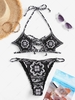 ZAFUL Halter Ribbed Baroque Printed Tie String Bikini Swimwear M Black