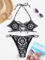 ZAFUL Halter Ribbed Baroque Printed Tie String Bikini Swimwear M Black