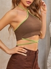 ZAFUL Halter Ribbed Contrast Piping Crop Top L Deep coffee