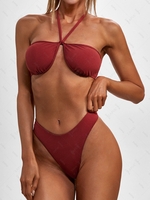 ZAFUL Halter Ribbed High Cut Bikini Swimwear L Deep red