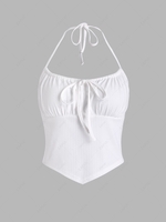 ZAFUL Halter Ribbed Ruched Tie Collar Crop Top L White