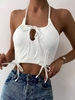 ZAFUL Halter Ribbed Tie Cinched Cropped Bikini Top S White