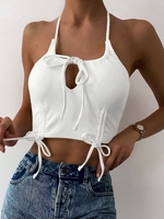 ZAFUL Halter Ribbed Tie Cinched Cropped Bikini Top S White