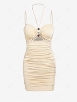 ZAFUL Halter Ruched Cut Out Bodycon Mini Dress L Light coffee