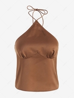 ZAFUL Halter Satin Backless Ruched Top L Coffee