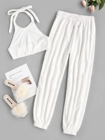 ZAFUL Halter Terrycloth Top and Drawstring Pants Set M White