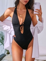 ZAFUL Halter Tie Front Ribbed Cheeky One-piece Swimsuit L Black
