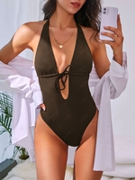 ZAFUL Halter Tie Front Ribbed Cheeky One-piece Swimsuit Xl Deep coffee