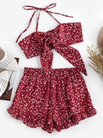 ZAFUL Halter Tied Floral Print Co Ord Set Xl Red wine