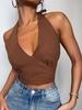 ZAFUL Halter Tied Smocked Back Crop Top M Deep coffee