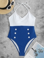 ZAFUL Halter Two Tone Mock Button One-piece Swimsuit Xl Blue