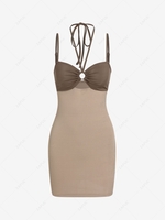 ZAFUL Halter Two Tone Ribbed O-ring Mini Dress L Coffee