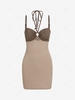 ZAFUL Halter Two Tone Ribbed O-ring Mini Dress S Coffee
