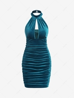 ZAFUL Halter Velour Cutout Ruched Bodycon Dress L Blue