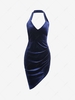ZAFUL Halter Velour Draped Side Asymmetric Dress S Deep blue