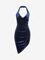 ZAFUL Halter Velour Draped Side Asymmetric Dress S Deep blue