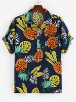 ZAFUL Hawaiian Tropical Summer Leaves Print Short Sleeve Pocket Shirt Xxl Deep blue