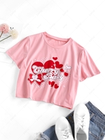 ZAFUL Heart Bowknot Cherry Print T Shirt S Light pink