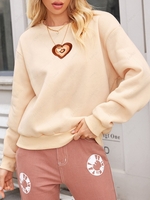 ZAFUL Heart Embroidered Valentines Loose Sweatshirt M Light coffee