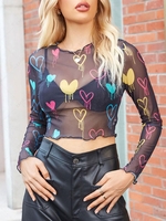ZAFUL Heart Print Sheer Lettuce Trim Tee S
