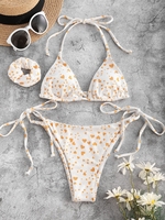 ZAFUL Heart Ribbed String Bikini Swimwear with Scrunchie S White