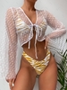 ZAFUL High Cut Dotted Mesh Zebra Stripes Three Piece Bikini Set L Deep yellow