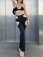ZAFUL High Rise Contrast Piping Cutout Pants M Black