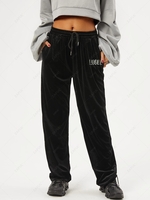 ZAFUL High Rise Letter Embroidered Velvet Wide Leg Pants Xl Black