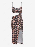 ZAFUL Hollow Out Floral Print Slit Midi Cami Dress M Black