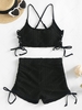 ZAFUL Honeycomb Lace Up Bra and Cinched Side Boy Short Bikini Bottom Set Black