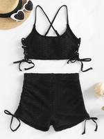 ZAFUL Honeycomb Lace Up Bra and Cinched Side Boy Short Bikini Bottom Set Black