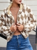 ZAFUL Hooded Argyle Drop Shoulder Teddy Coat S Light coffee