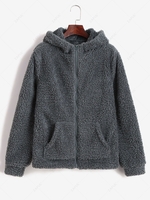 ZAFUL Hooded Fluffy Zip Pocket Coat S Gray
