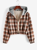 ZAFUL Hooded Plaid Fleece Lined Zip Jacket Xl Deep coffee