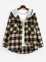 ZAFUL Hooded Plaid Print Double Pockets High Low Shirt Xl Wood