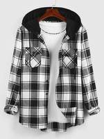 ZAFUL Hooded Plaid Print Double Pockets Shirt S Black
