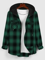 ZAFUL Hooded Plaid Print Double Pockets Shirt S Deep green