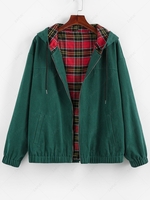 ZAFUL Hooded Plaid Print Reversible Zip Jacket S Medium sea green