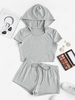 ZAFUL Hooded Ribbed Crop Top and Shorts Co Ord Set M Light gray