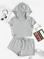ZAFUL Hooded Ribbed Crop Top and Shorts Co Ord Set M Light gray