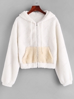 ZAFUL Hooded Zip Up Pocket Teddy Jacket M White