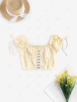 ZAFUL Hook and Eye Smocked Puff Sleeve Cropped Blouse Xl Light yellow