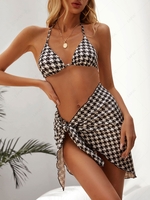 ZAFUL Houndstooth Ribbed Tied Three Piece Bikini Swimwear S Black