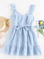 ZAFUL Jacquard Ruffle Armhole Flounce Mini Dress M Light blue