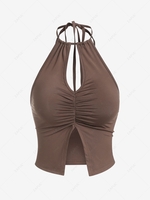 ZAFUL Keyhole Ruched Slit Backless Halter Top S Deep coffee