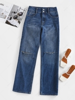 ZAFUL Knee Ripped High Waisted Straight Jeans Xl Deep blue