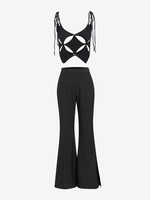 ZAFUL Knitted Argyle Cut Out Top and Split Hem Flare Pants Set Black