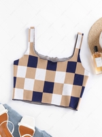 ZAFUL Knitted Checkered Crop Tank Top S